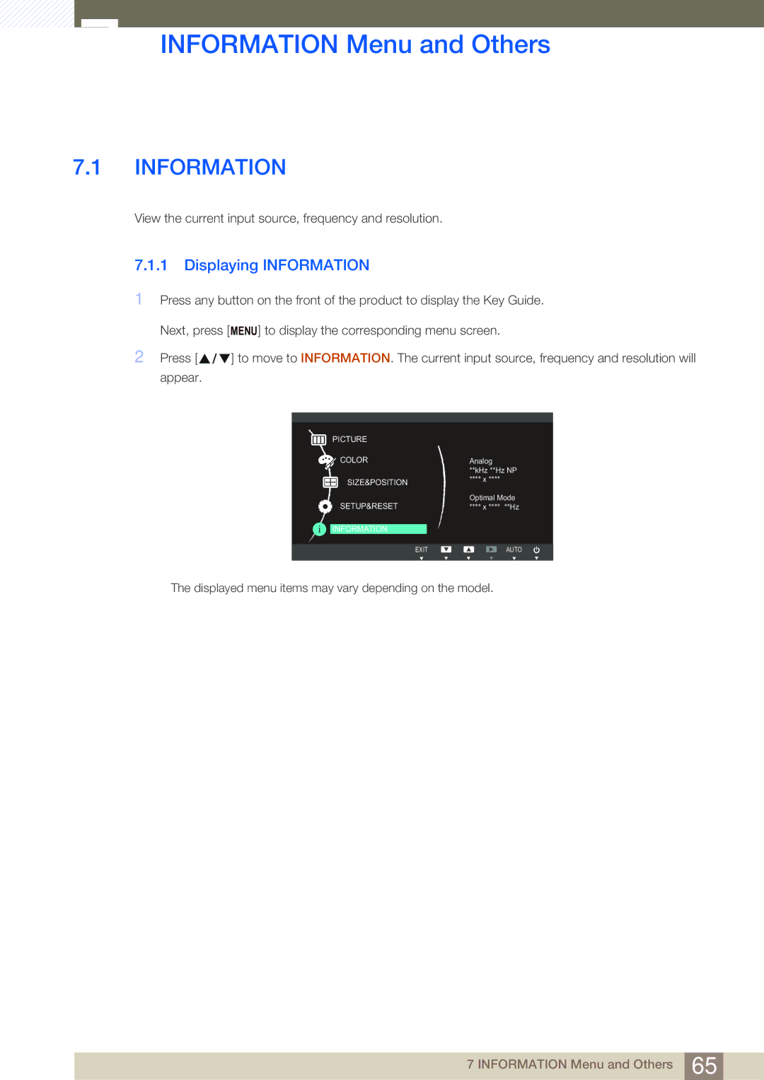 Samsung LS24B350TL/CI, LS24B350TL/EN, LS23B350TS/EN, LS22B350TS/EN manual Information Menu and Others, Displaying Information 