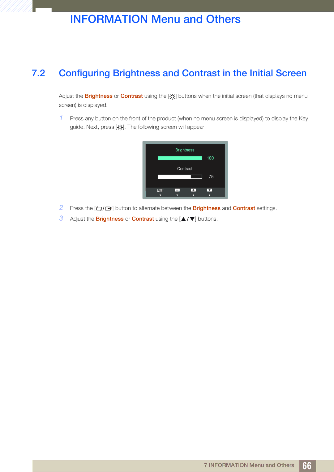 Samsung LS24B350TL/EN, LS23B350TS/EN, LS22B350TS/EN, LS22B350TS/CI Configuring Brightness and Contrast in the Initial Screen 