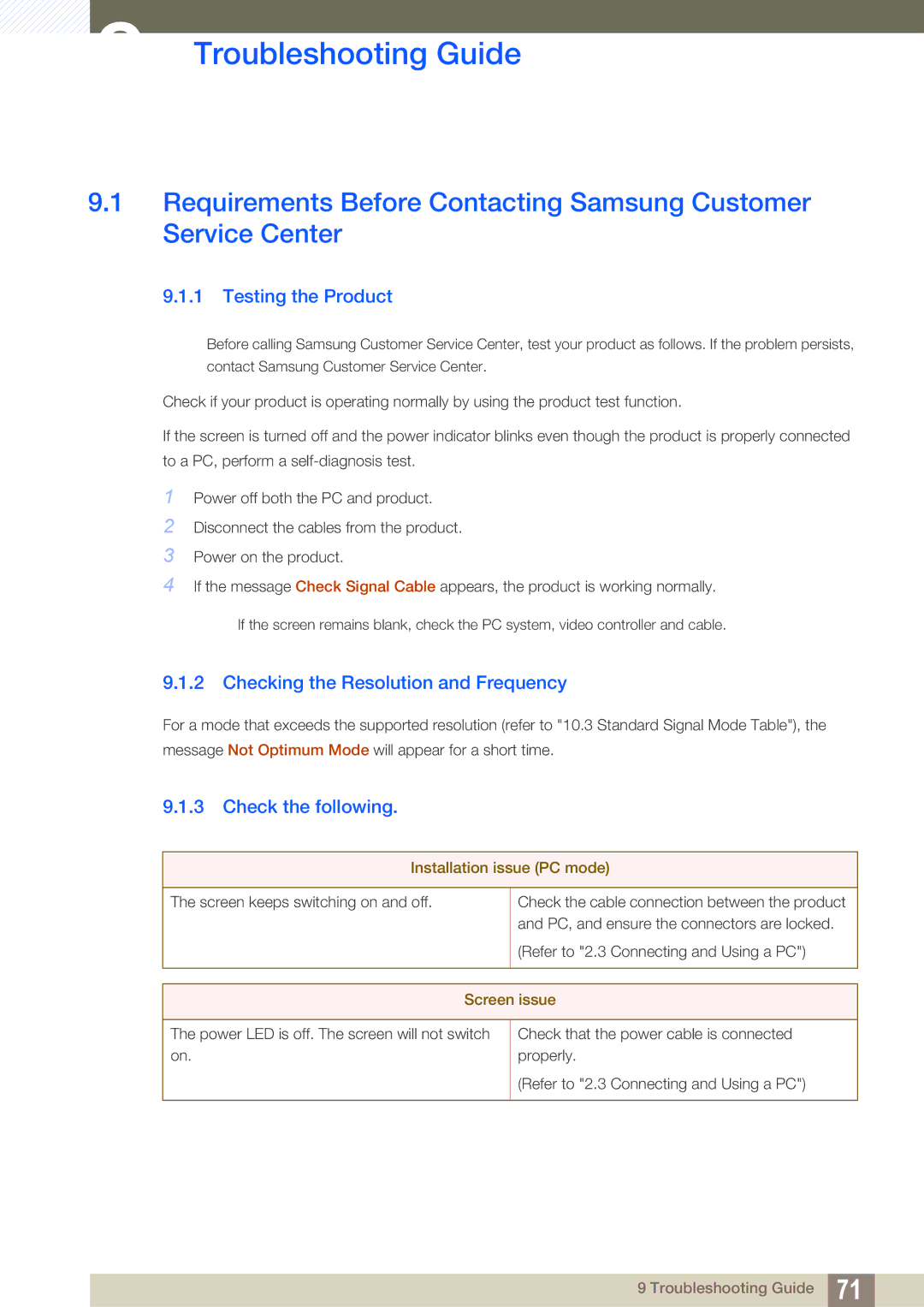 Samsung LS24B350TL/CI, LS24B350TL/EN Troubleshooting Guide, Testing the Product, Checking the Resolution and Frequency 