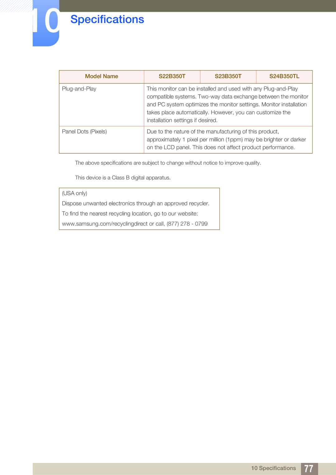 Samsung LS24B350TL/CI, LS24B350TL/EN, LS23B350TS/EN, LS22B350TS/EN, LS22B350TS/CI, LS23B350TS/CI manual Specifications 