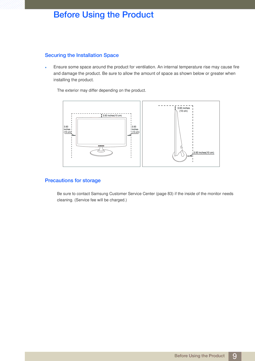 Samsung LS22B350TS/CI, LS24B350TL/EN, LS23B350TS/EN, LS22B350TS/EN Securing the Installation Space, Precautions for storage 