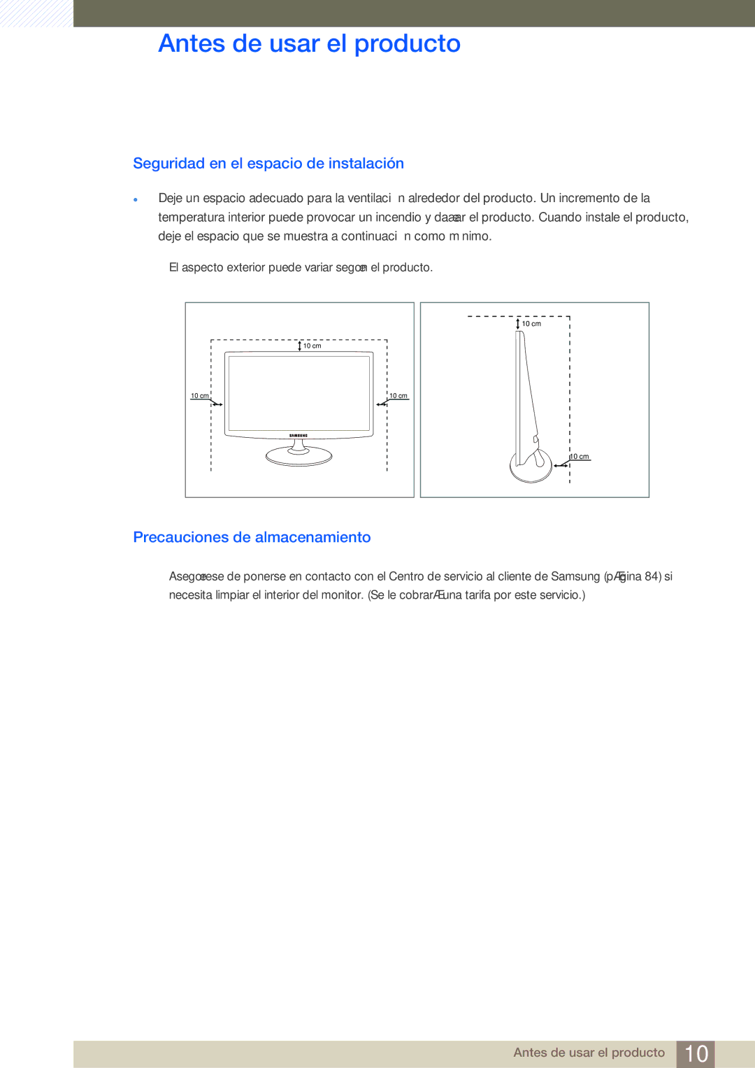 Samsung LS23B350TS/EN, LS24B350TL/EN, LS22B350TS/EN Seguridad en el espacio de instalación, Precauciones de almacenamiento 