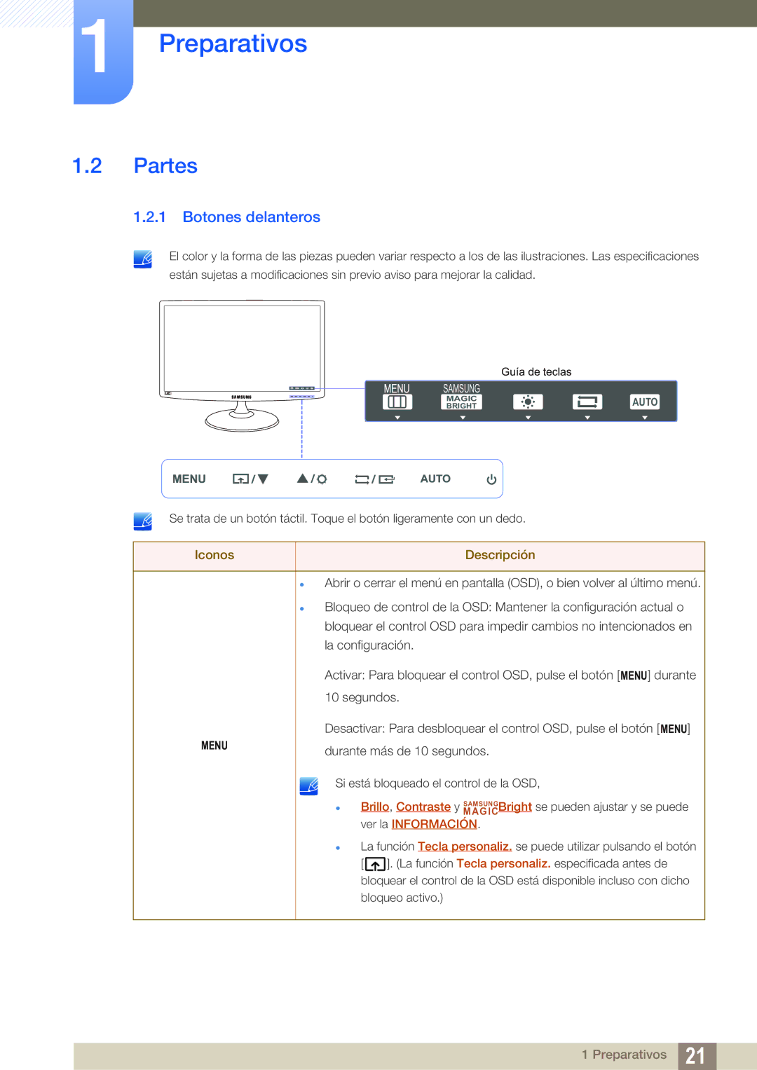 Samsung LS24B350TL/EN, LS23B350TS/EN, LS22B350TS/EN manual Partes, Botones delanteros 