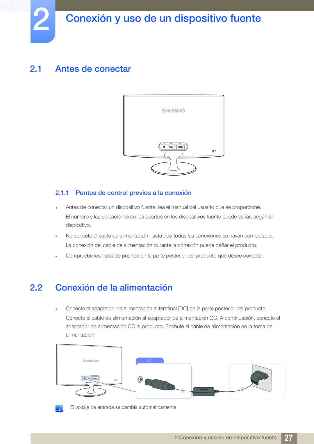 Samsung LS24B350TL/EN manual Conexión y uso de un dispositivo fuente, Antes de conectar, Conexión de la alimentación 