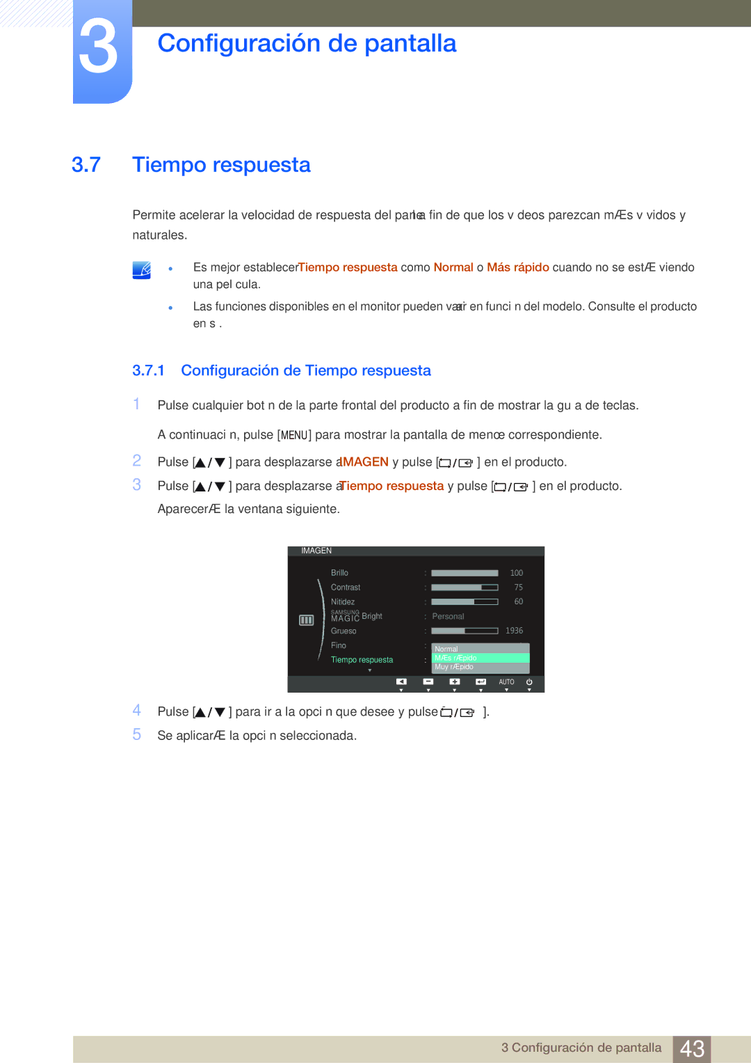 Samsung LS23B350TS/EN, LS24B350TL/EN, LS22B350TS/EN manual Configuración de Tiempo respuesta 