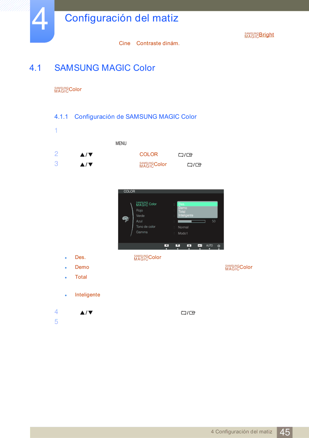 Samsung LS24B350TL/EN, LS23B350TS/EN, LS22B350TS/EN manual Configuración del matiz, Configuración de Samsung Magic Color 