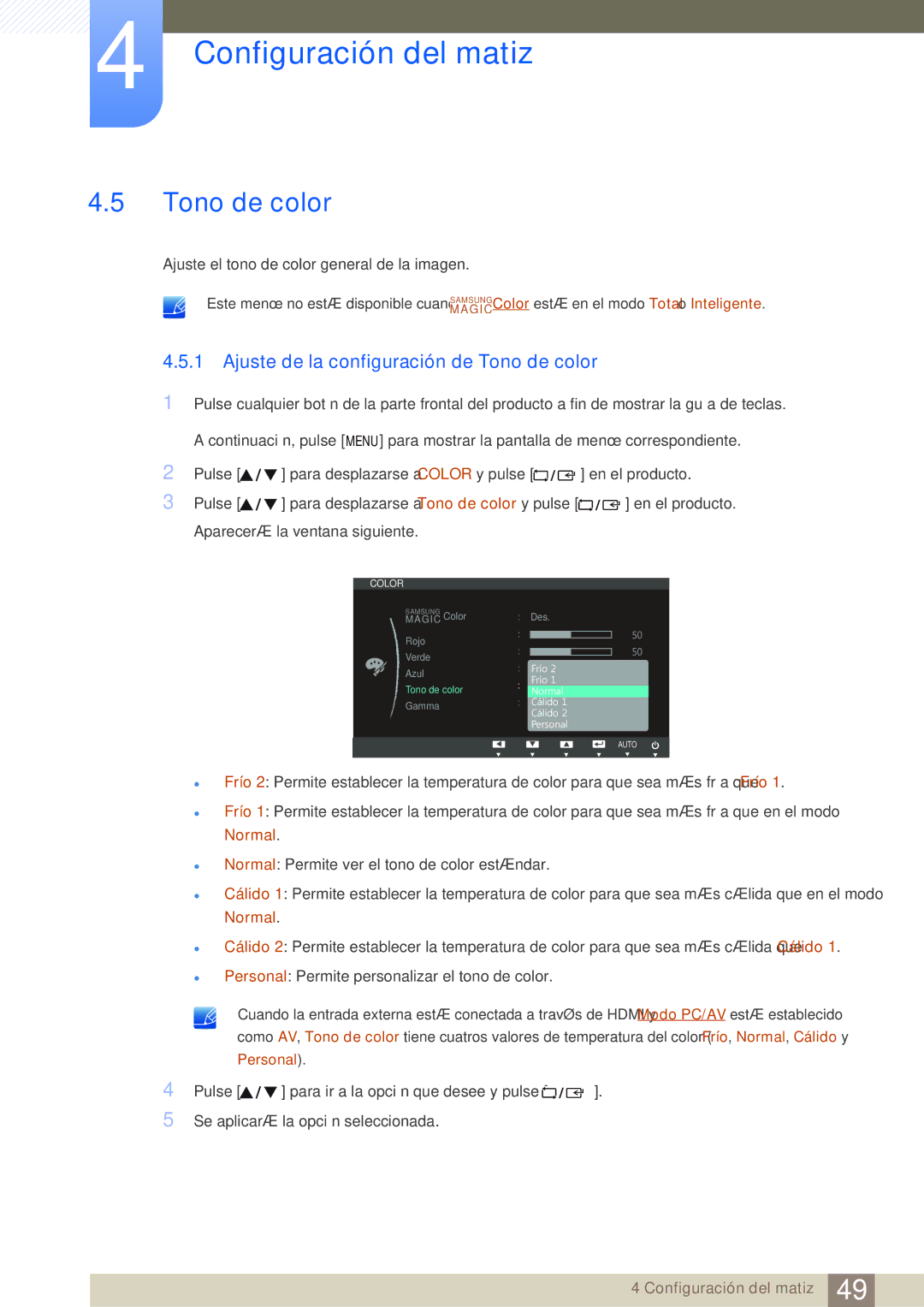 Samsung LS23B350TS/EN, LS24B350TL/EN, LS22B350TS/EN manual Ajuste de la configuración de Tono de color 