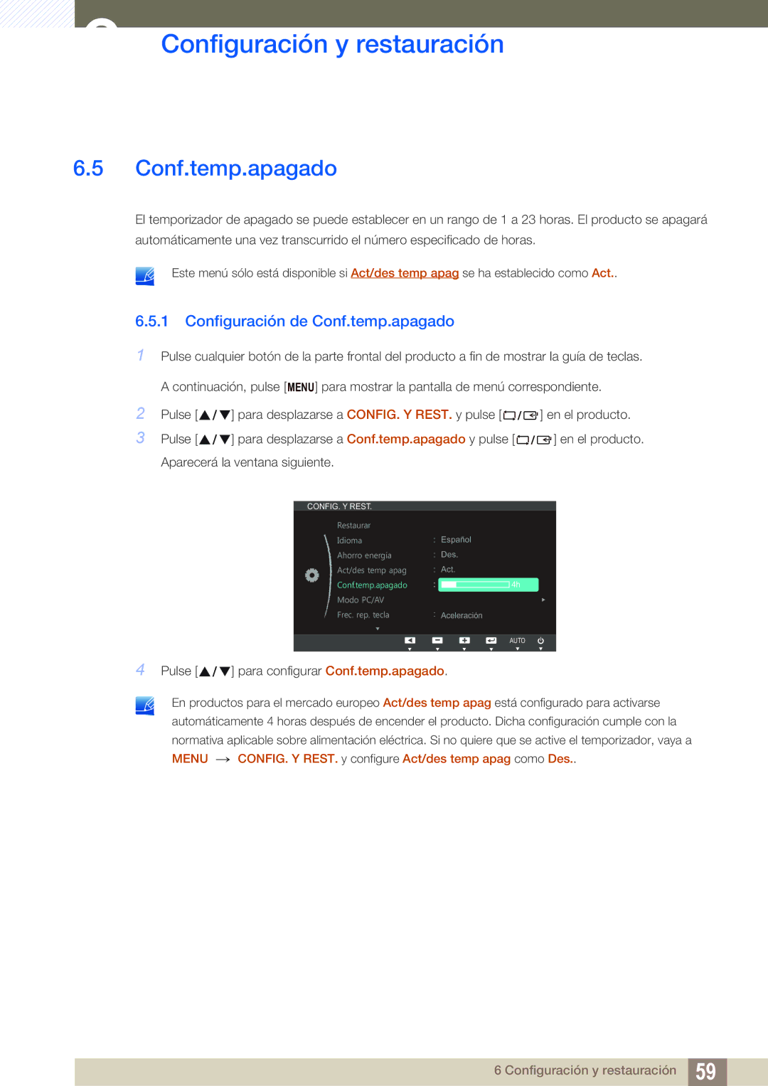 Samsung LS22B350TS/EN, LS24B350TL/EN, LS23B350TS/EN manual Configuración de Conf.temp.apagado 