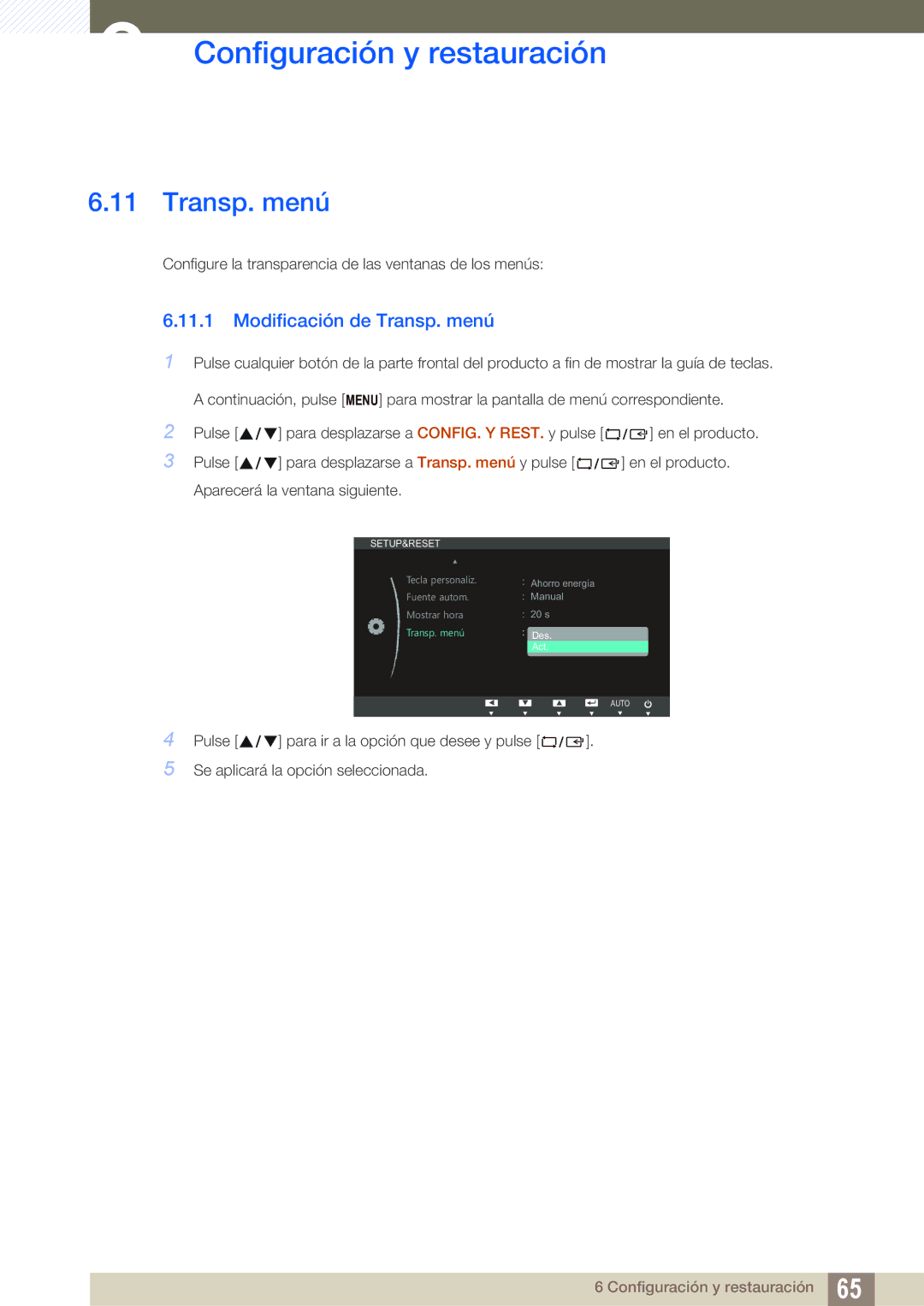 Samsung LS22B350TS/EN, LS24B350TL/EN, LS23B350TS/EN manual Modificación de Transp. menú 