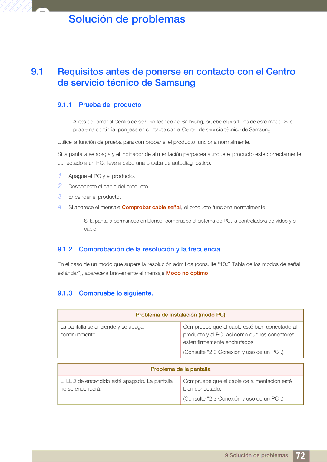 Samsung LS24B350TL/EN manual Solución de problemas, Prueba del producto, Comprobación de la resolución y la frecuencia 