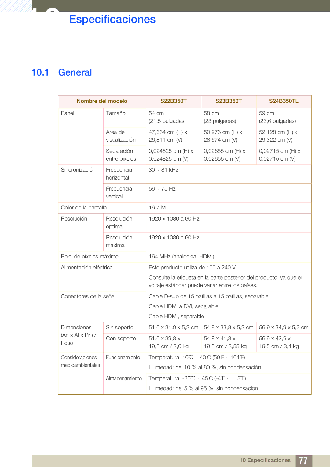 Samsung LS22B350TS/EN, LS24B350TL/EN, LS23B350TS/EN manual Especificaciones, General 