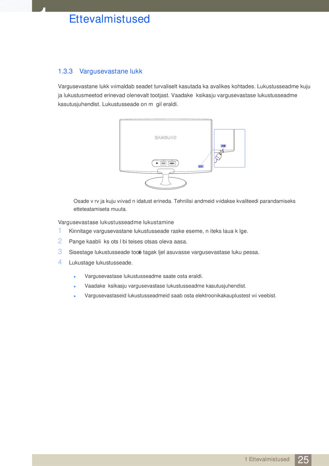 Samsung LS23B350TS/EN, LS24B350TL/EN, LS22B350TS/EN manual Vargusevastane lukk 