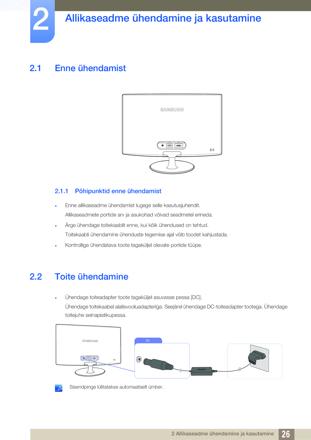 Samsung LS22B350TS/EN, LS24B350TL/EN manual Allikaseadme ühendamine ja kasutamine, Enne ühendamist, Toite ühendamine 