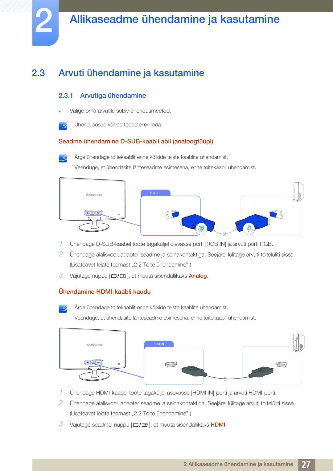 Samsung LS24B350TL/EN, LS23B350TS/EN, LS22B350TS/EN manual Arvuti ühendamine ja kasutamine, Arvutiga ühendamine 