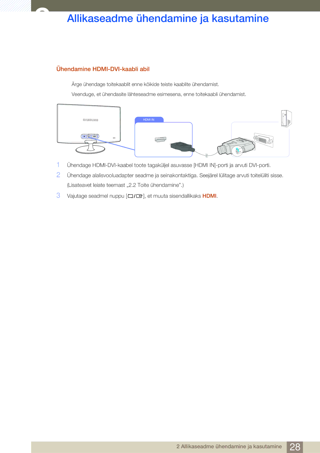 Samsung LS23B350TS/EN, LS24B350TL/EN, LS22B350TS/EN manual Ühendamine HDMI-DVI-kaabli abil 