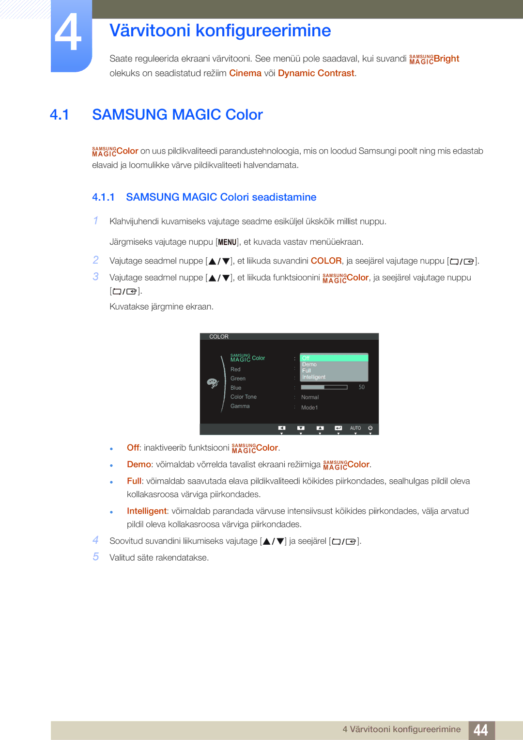 Samsung LS22B350TS/EN, LS24B350TL/EN, LS23B350TS/EN manual Värvitooni konfigureerimine, Samsung Magic Colori seadistamine 