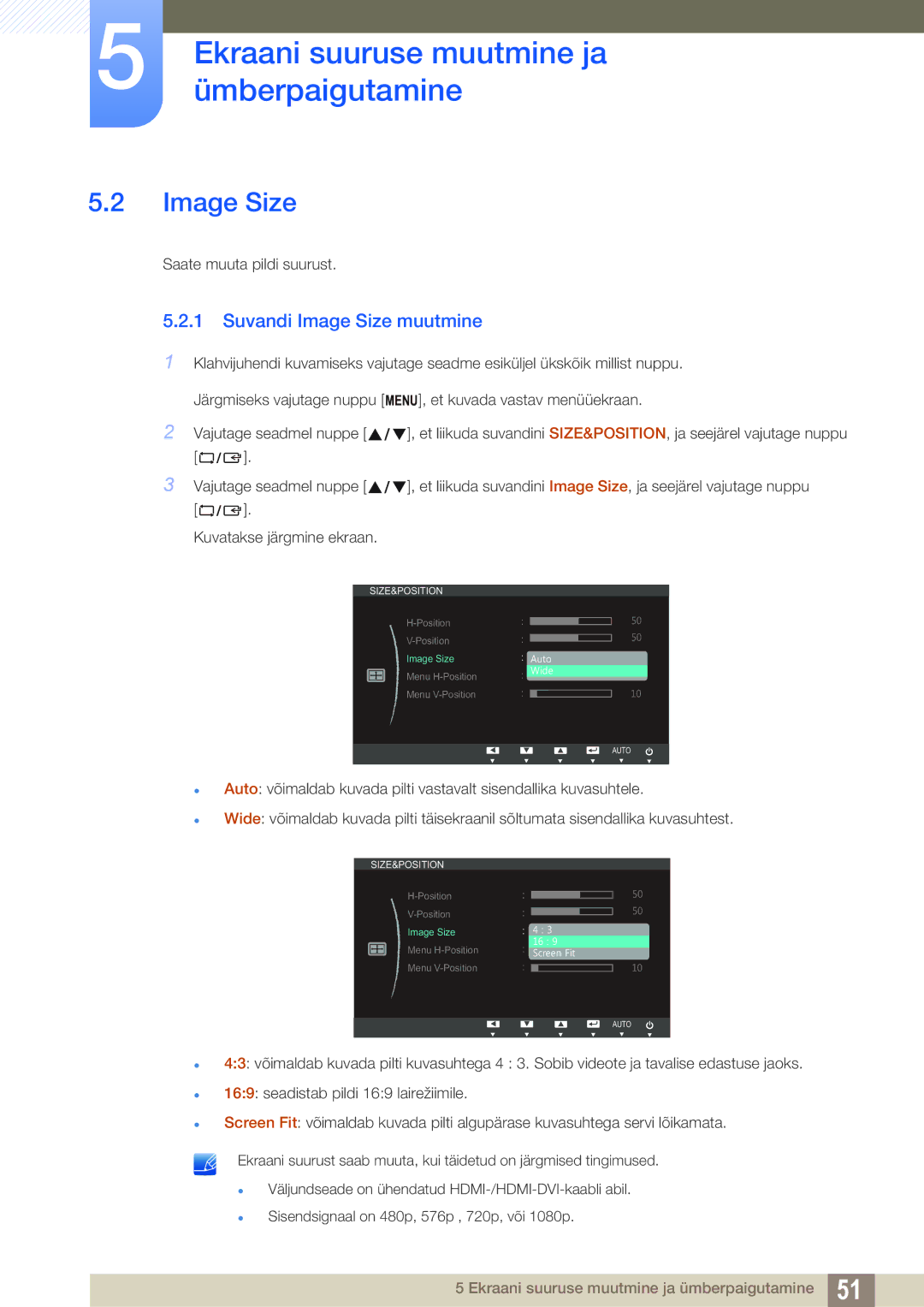 Samsung LS24B350TL/EN, LS23B350TS/EN, LS22B350TS/EN manual Suvandi Image Size muutmine 