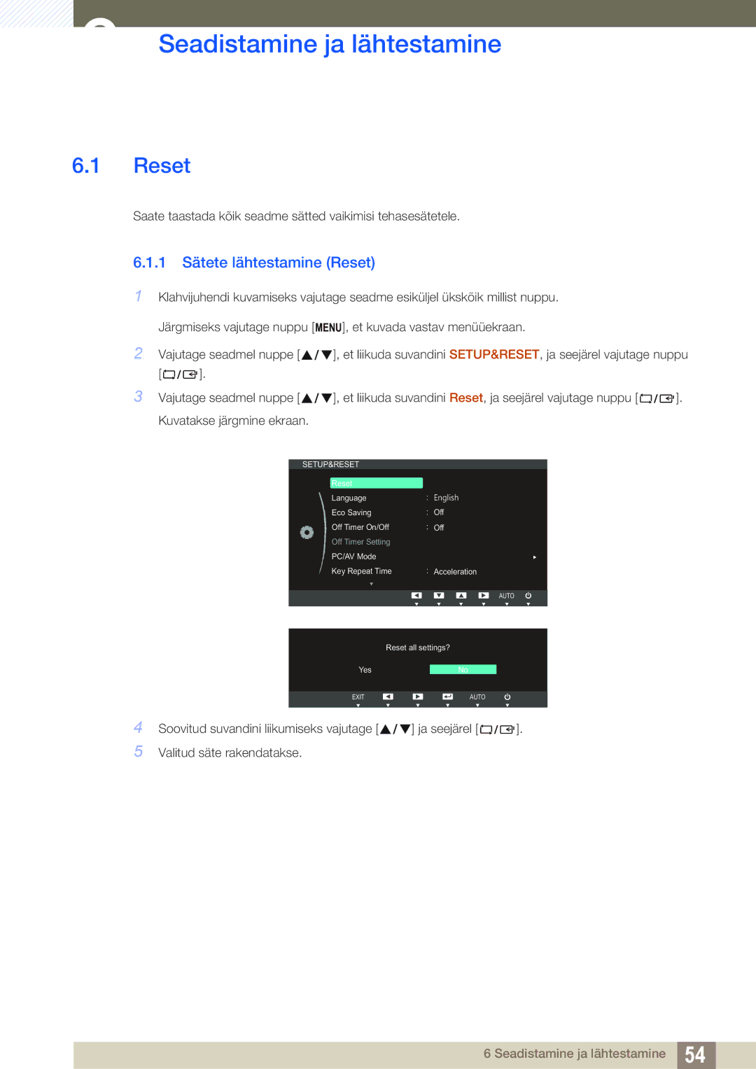 Samsung LS24B350TL/EN, LS23B350TS/EN, LS22B350TS/EN manual Seadistamine ja lähtestamine, 1 Sätete lähtestamine Reset 