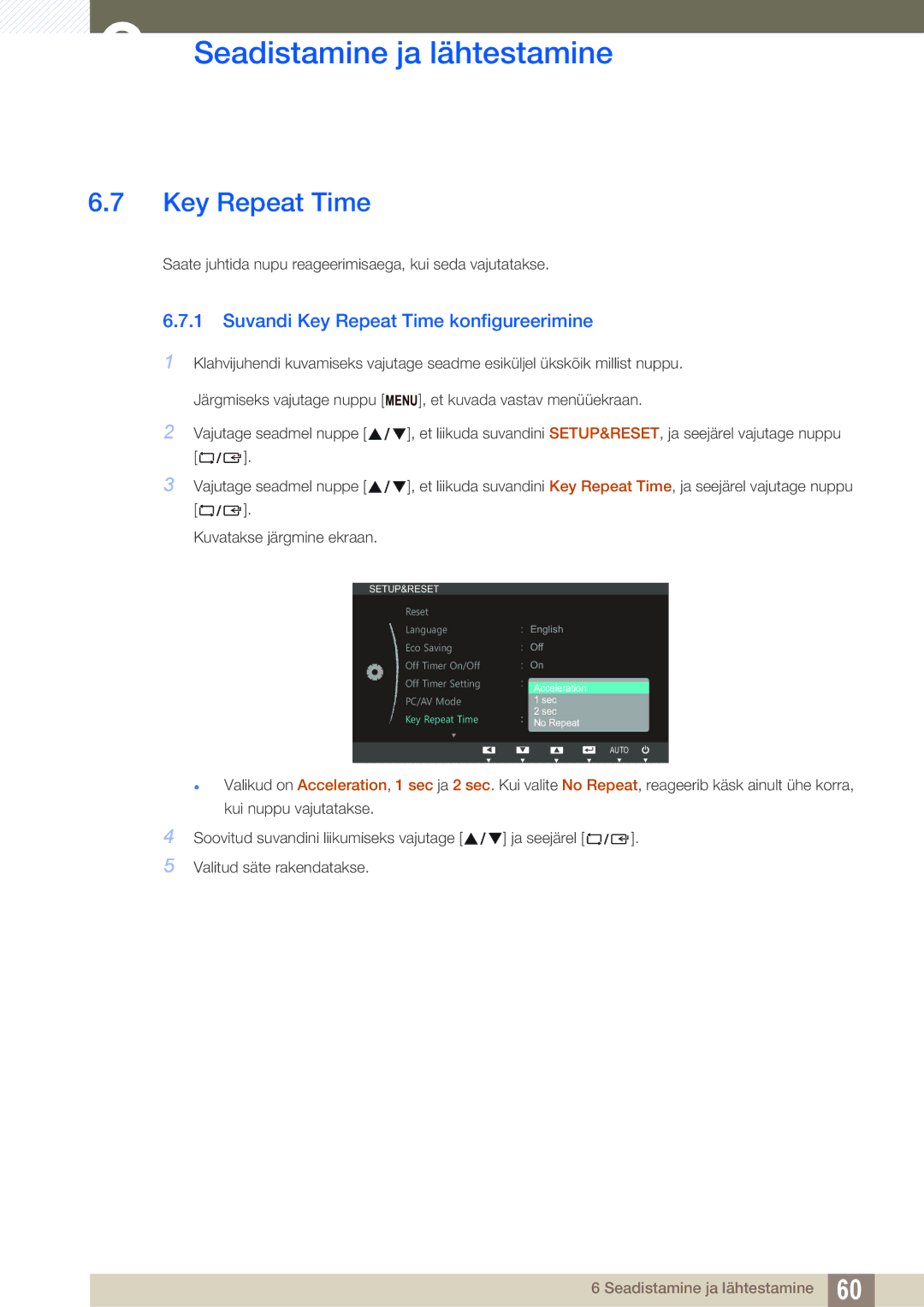 Samsung LS24B350TL/EN, LS23B350TS/EN, LS22B350TS/EN manual Suvandi Key Repeat Time konfigureerimine 