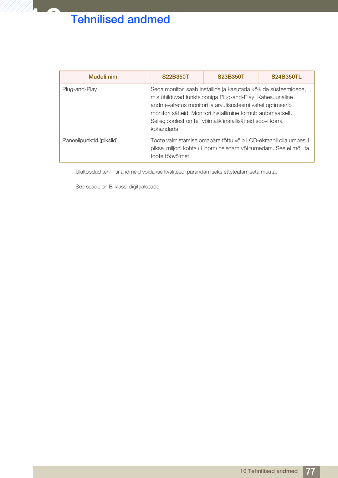 Samsung LS22B350TS/EN, LS24B350TL/EN, LS23B350TS/EN manual Tehnilised andmed 