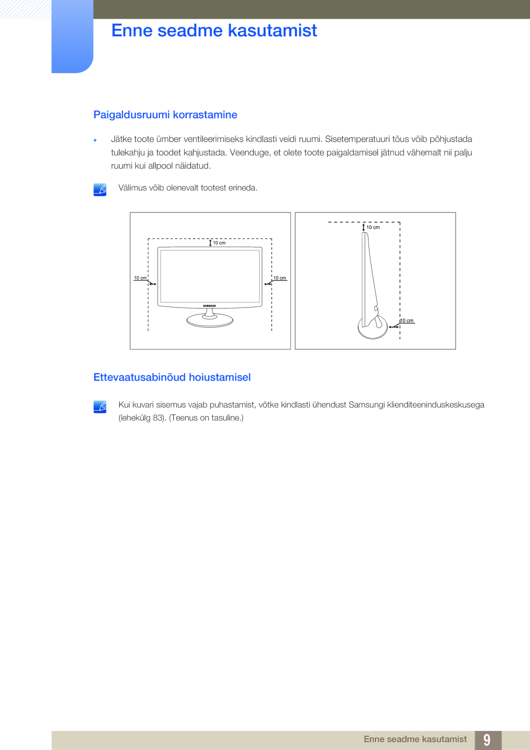 Samsung LS24B350TL/EN, LS23B350TS/EN, LS22B350TS/EN manual Paigaldusruumi korrastamine, Ettevaatusabinõud hoiustamisel 