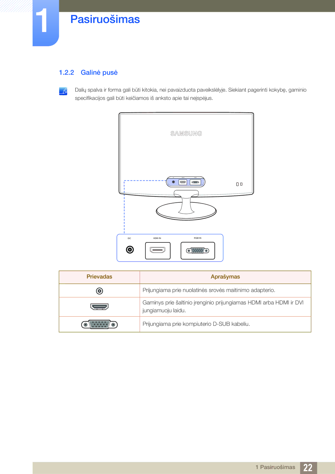 Samsung LS23B350TS/EN, LS24B350TL/EN, LS22B350TS/EN manual Galinė pusė, Prievadas Aprašymas 