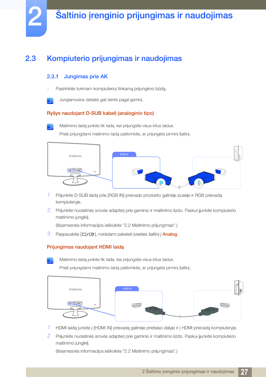 Samsung LS24B350TL/EN, LS23B350TS/EN, LS22B350TS/EN manual Kompiuterio prijungimas ir naudojimas, Jungimas prie AK 