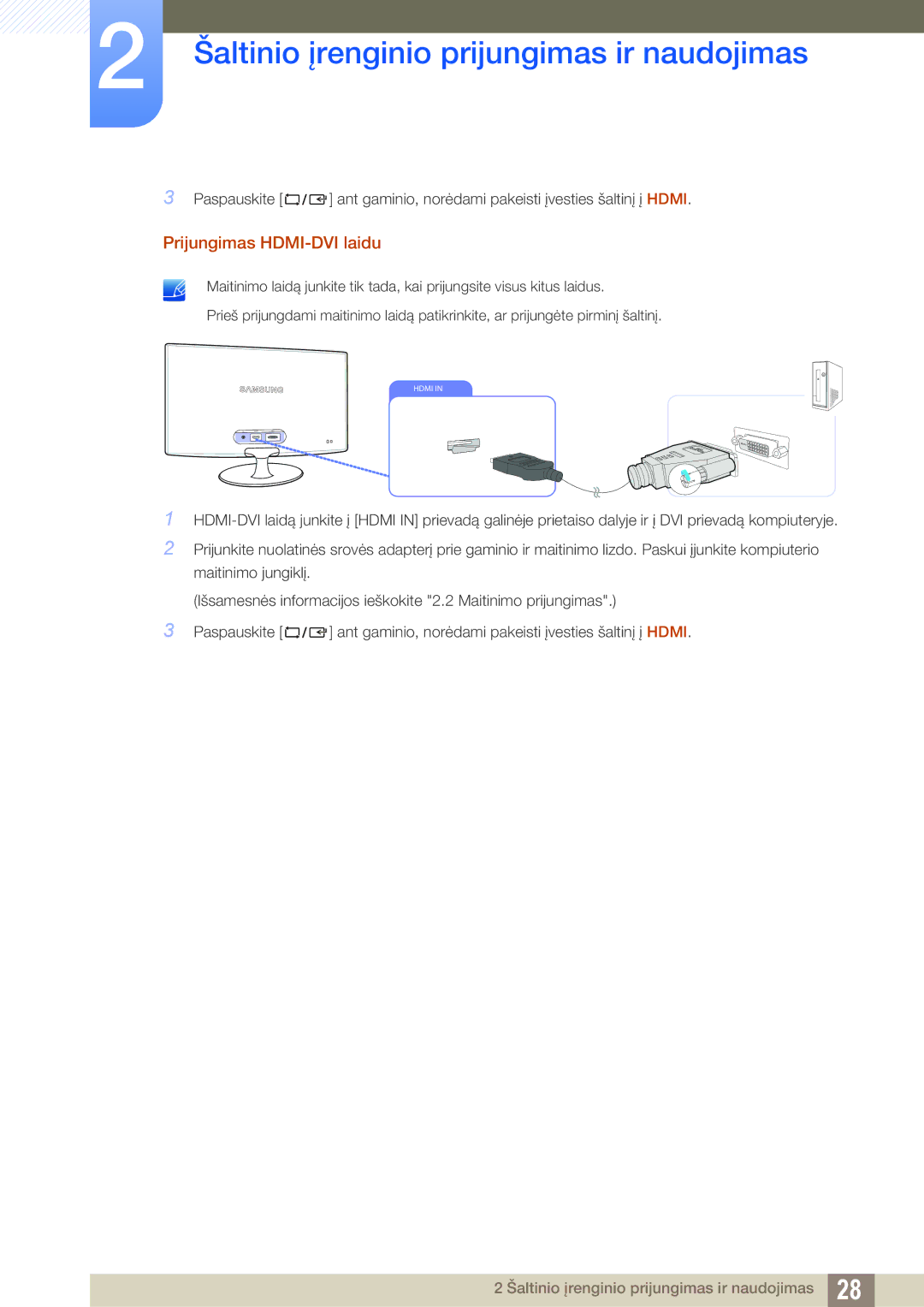 Samsung LS23B350TS/EN, LS24B350TL/EN, LS22B350TS/EN manual Prijungimas HDMI-DVI laidu 