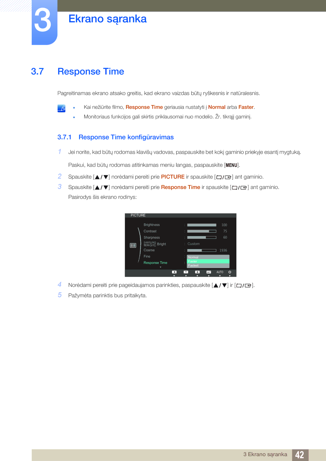 Samsung LS24B350TL/EN, LS23B350TS/EN, LS22B350TS/EN manual Response Time konfigūravimas 