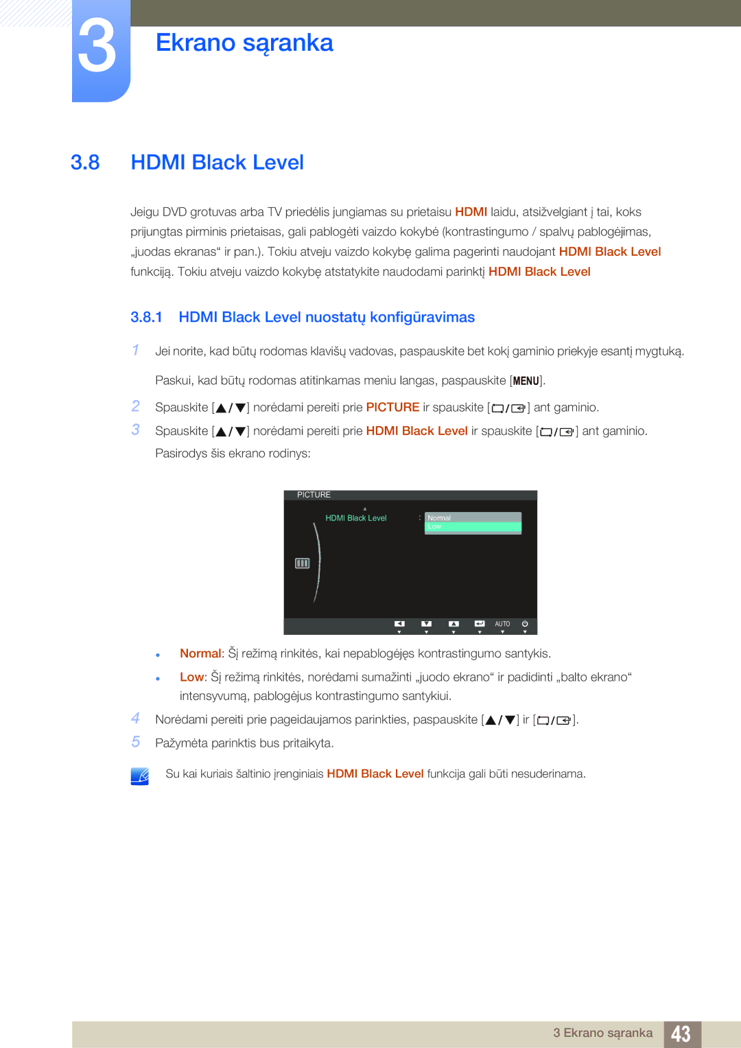 Samsung LS23B350TS/EN, LS24B350TL/EN, LS22B350TS/EN manual Hdmi Black Level nuostatų konfigūravimas 