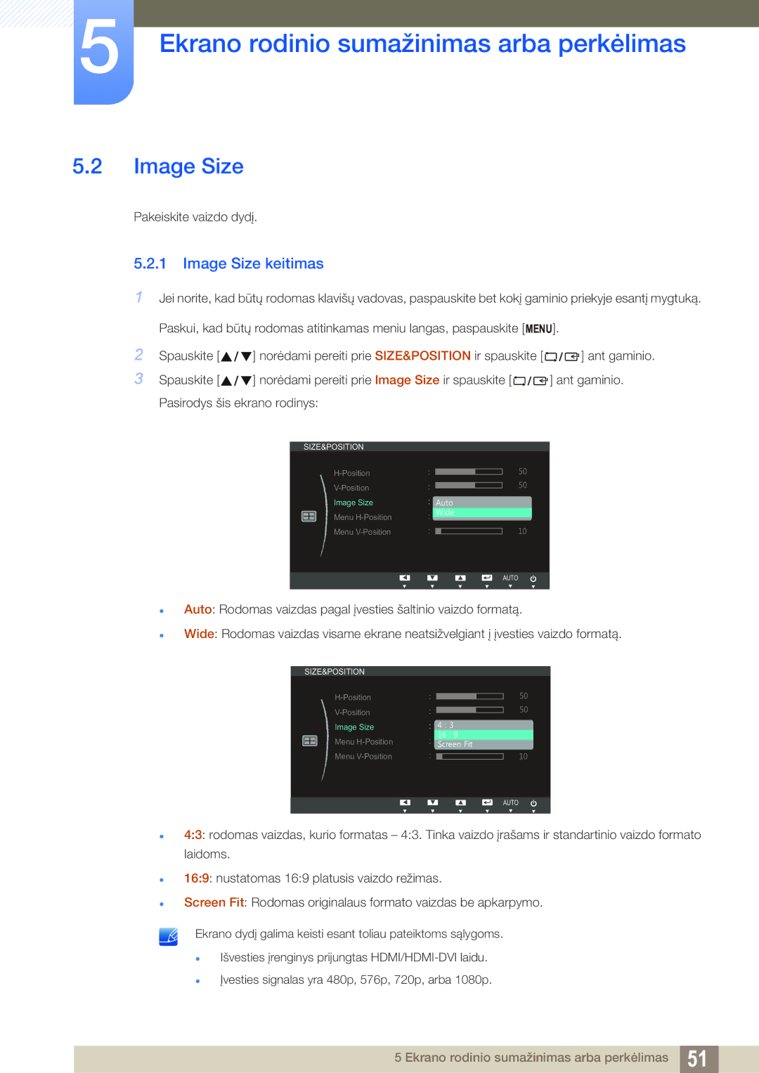 Samsung LS24B350TL/EN, LS23B350TS/EN, LS22B350TS/EN manual Image Size keitimas 