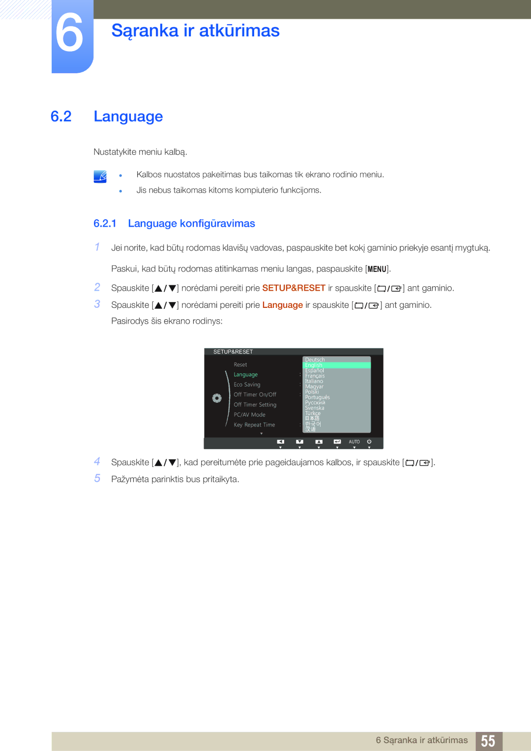 Samsung LS23B350TS/EN, LS24B350TL/EN, LS22B350TS/EN manual Language konfigūravimas 