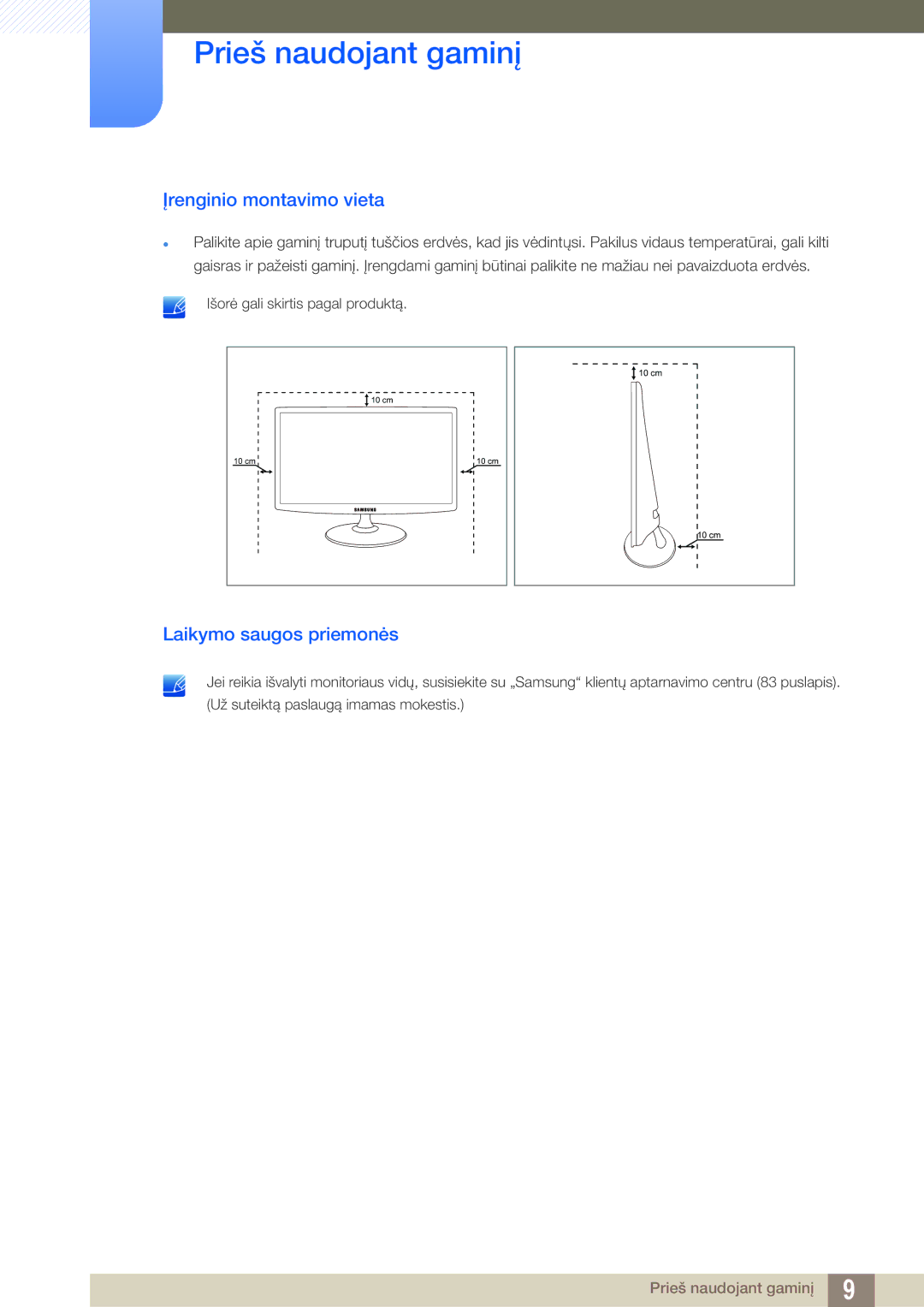 Samsung LS24B350TL/EN, LS23B350TS/EN, LS22B350TS/EN manual Įrenginio montavimo vieta, Laikymo saugos priemonės 