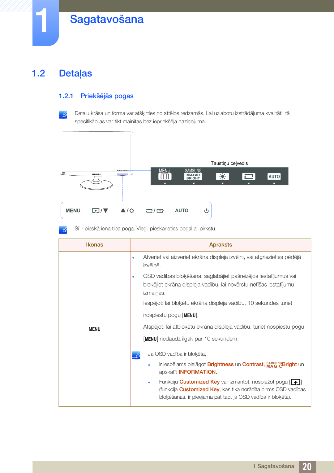 Samsung LS22B350TS/EN, LS24B350TL/EN, LS23B350TS/EN manual Detaļas, Priekšējās pogas 