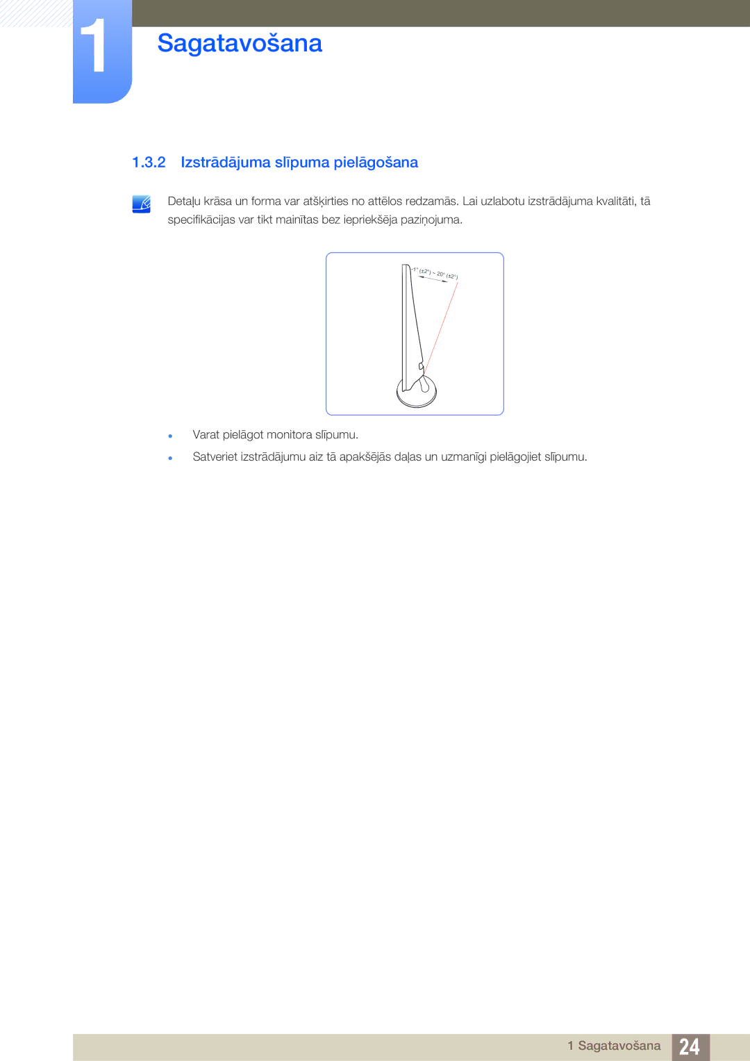 Samsung LS24B350TL/EN, LS23B350TS/EN, LS22B350TS/EN manual Izstrādājuma slīpuma pielāgošana 