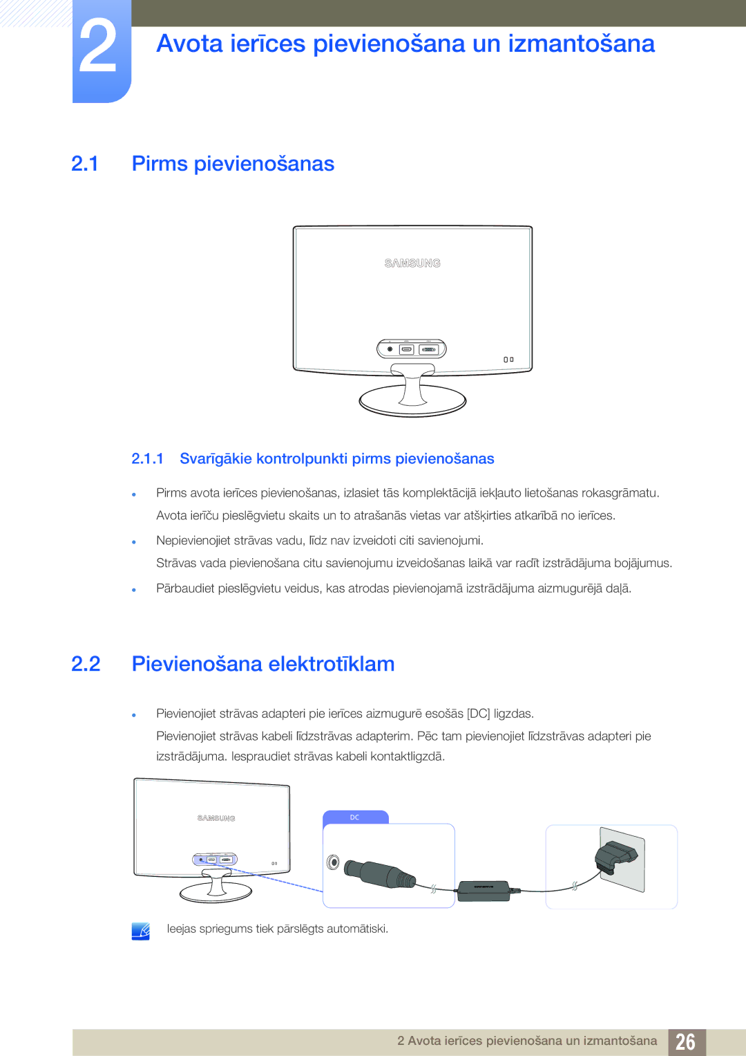 Samsung LS22B350TS/EN manual Avota ierīces pievienošana un izmantošana, Pirms pievienošanas, Pievienošana elektrotīklam 