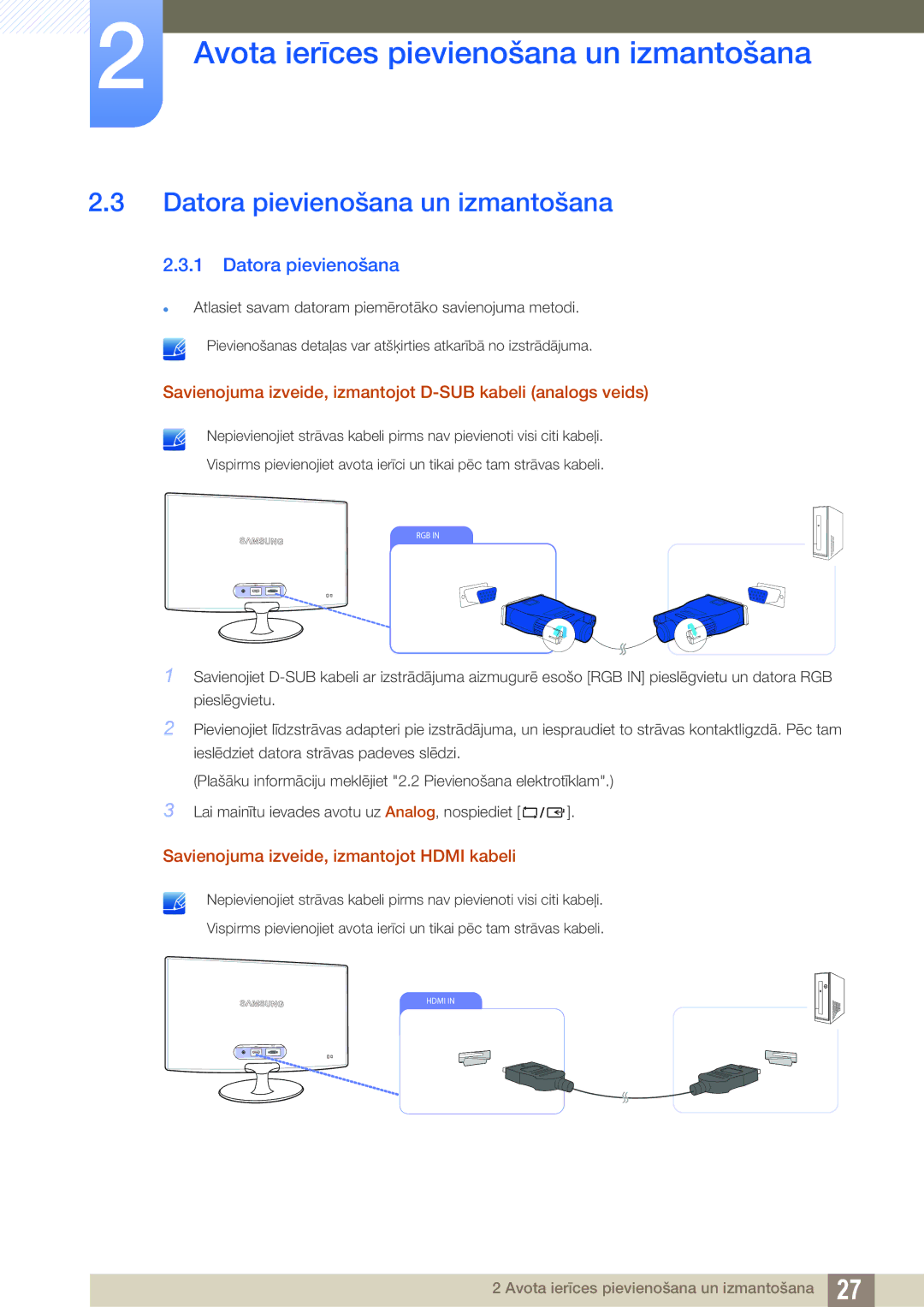 Samsung LS24B350TL/EN, LS23B350TS/EN, LS22B350TS/EN manual Datora pievienošana un izmantošana 