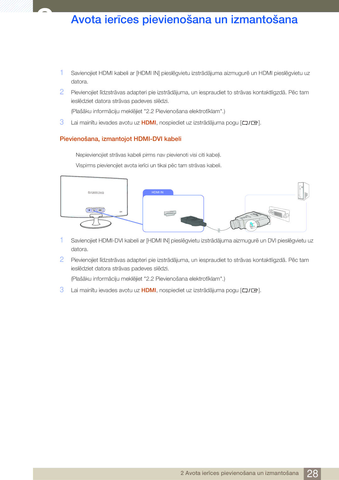 Samsung LS23B350TS/EN, LS24B350TL/EN, LS22B350TS/EN manual Pievienošana, izmantojot HDMI-DVI kabeli 