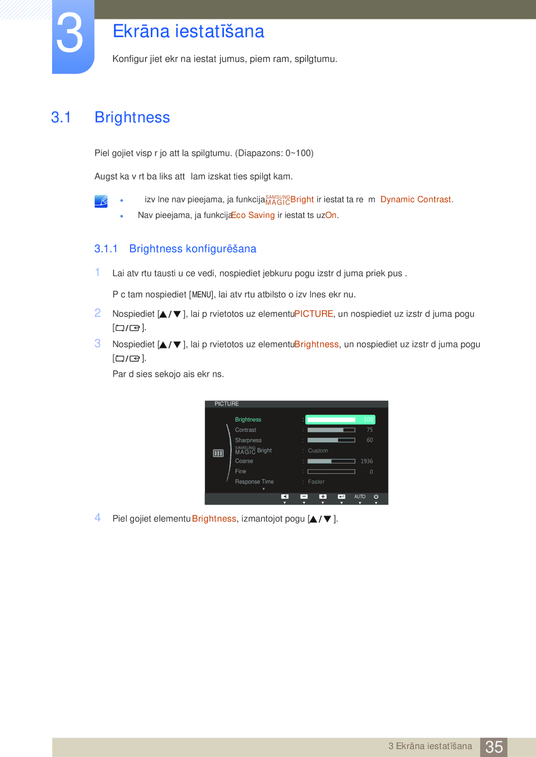 Samsung LS22B350TS/EN, LS24B350TL/EN, LS23B350TS/EN manual Ekrāna iestatīšana, Brightness konfigurēšana 