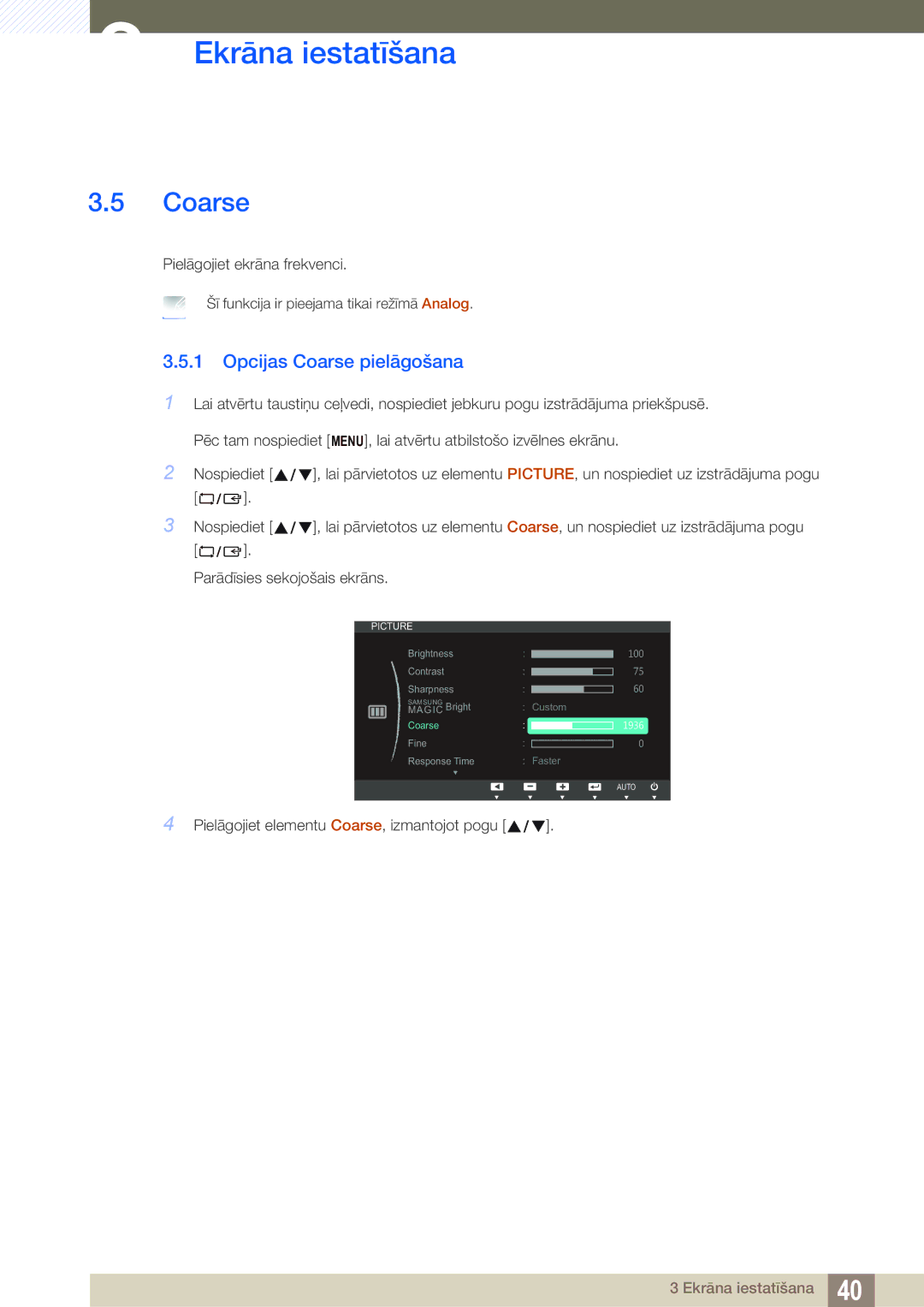 Samsung LS23B350TS/EN, LS24B350TL/EN, LS22B350TS/EN manual Opcijas Coarse pielāgošana 