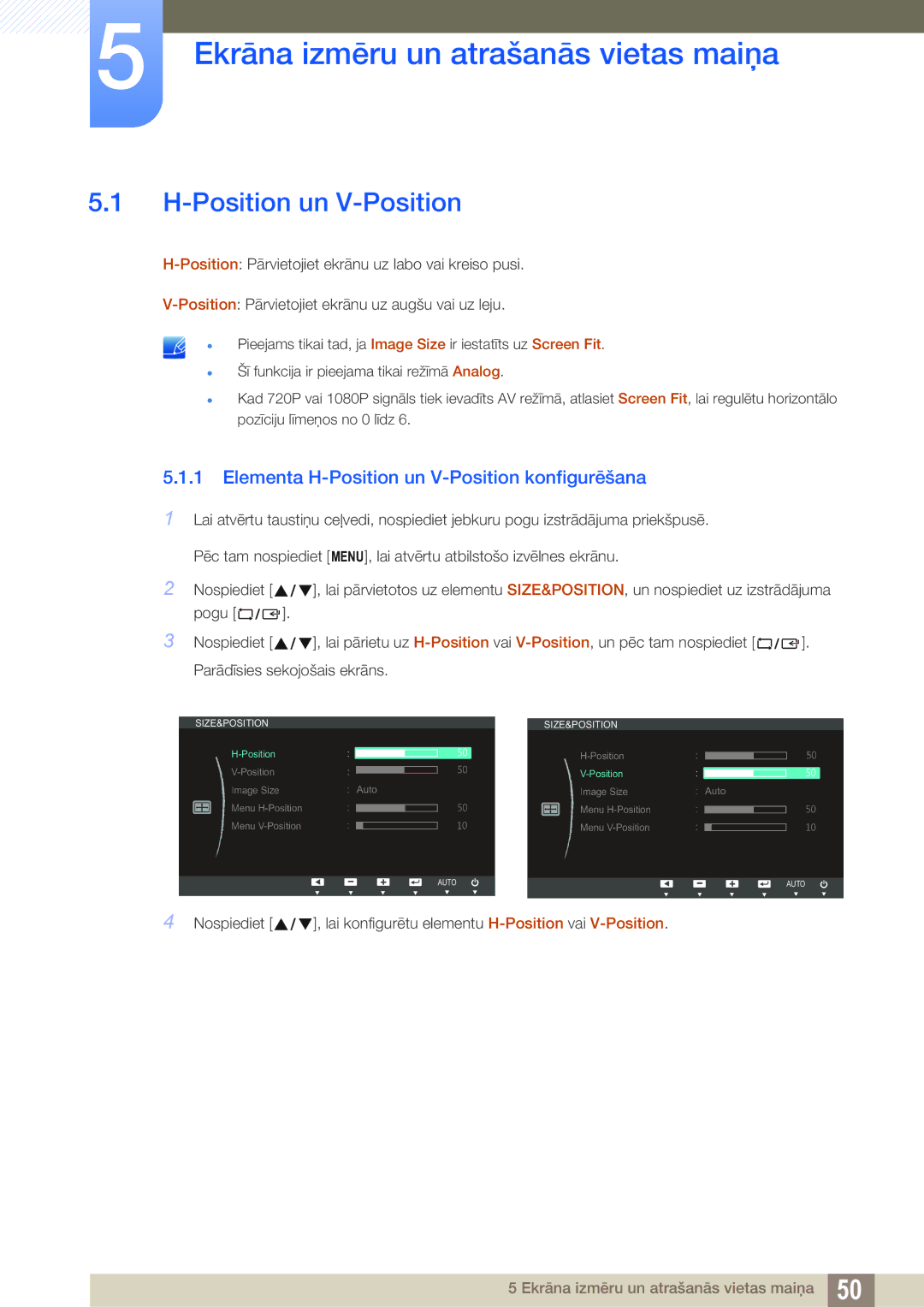 Samsung LS22B350TS/EN, LS24B350TL/EN, LS23B350TS/EN manual Ekrāna izmēru un atrašanās vietas maiņa, Position un V-Position 