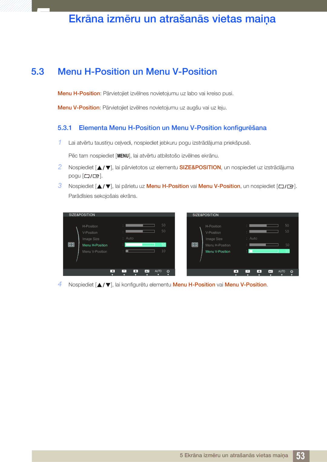 Samsung LS22B350TS/EN, LS24B350TL/EN, LS23B350TS/EN manual Elementa Menu H-Position un Menu V-Position konfigurēšana 