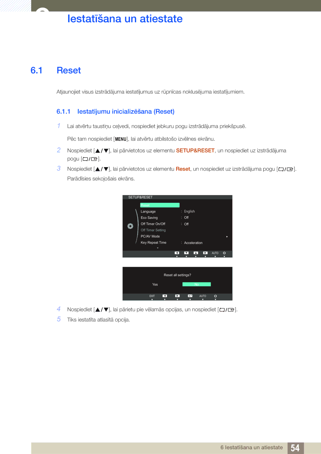 Samsung LS24B350TL/EN, LS23B350TS/EN, LS22B350TS/EN manual Iestatīšana un atiestate, Iestatījumu inicializēšana Reset 