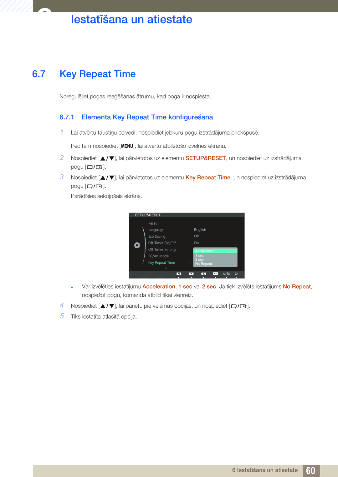 Samsung LS24B350TL/EN, LS23B350TS/EN, LS22B350TS/EN manual Elementa Key Repeat Time konfigurēšana 