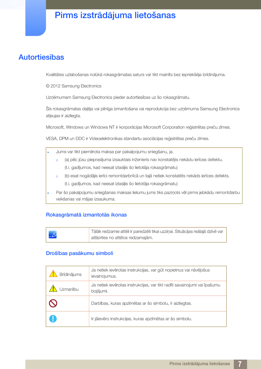 Samsung LS23B350TS/EN, LS24B350TL/EN manual Pirms izstrādājuma lietošanas, Autortiesības, Rokasgrāmatā izmantotās ikonas 