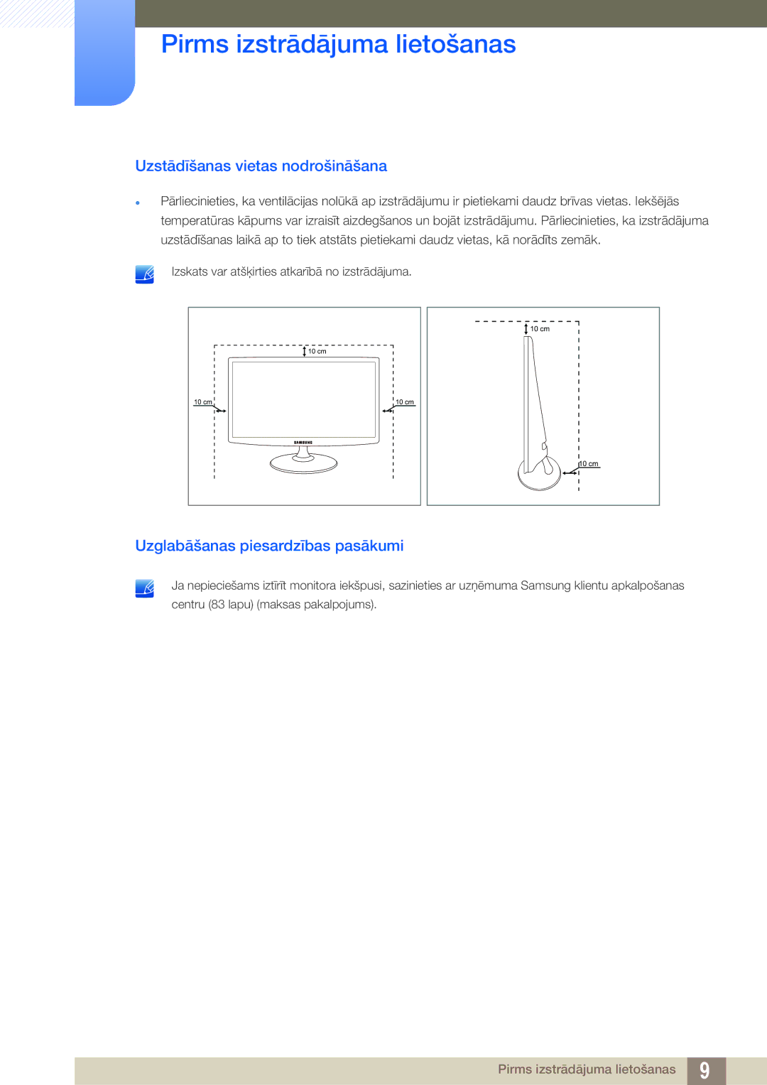 Samsung LS24B350TL/EN, LS23B350TS/EN, LS22B350TS/EN Uzstādīšanas vietas nodrošināšana, Uzglabāšanas piesardzības pasākumi 