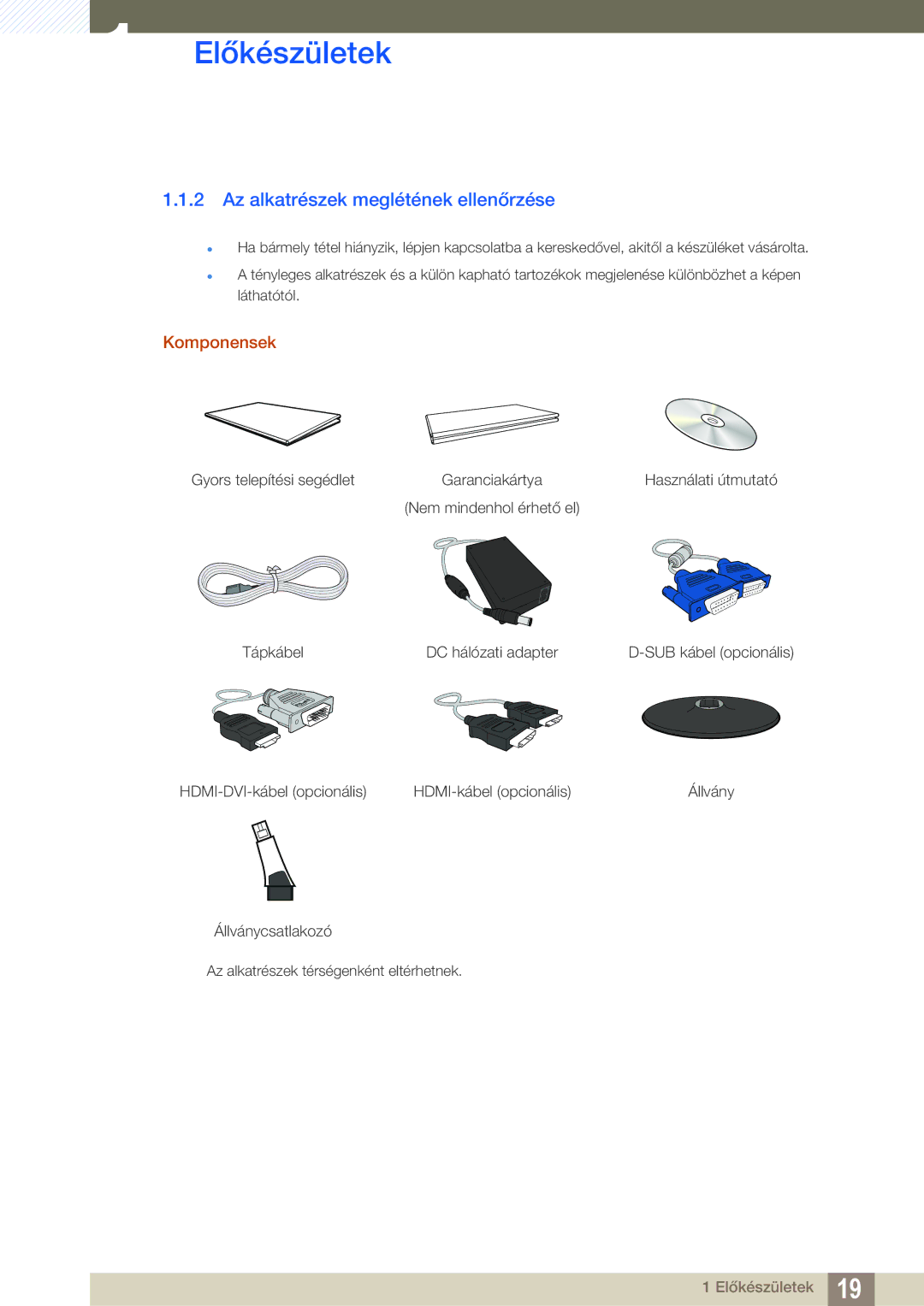 Samsung LS23B350TS/EN, LS24B350TL/EN, LS22B350TS/EN manual Az alkatrészek meglétének ellenőrzése, Komponensek 