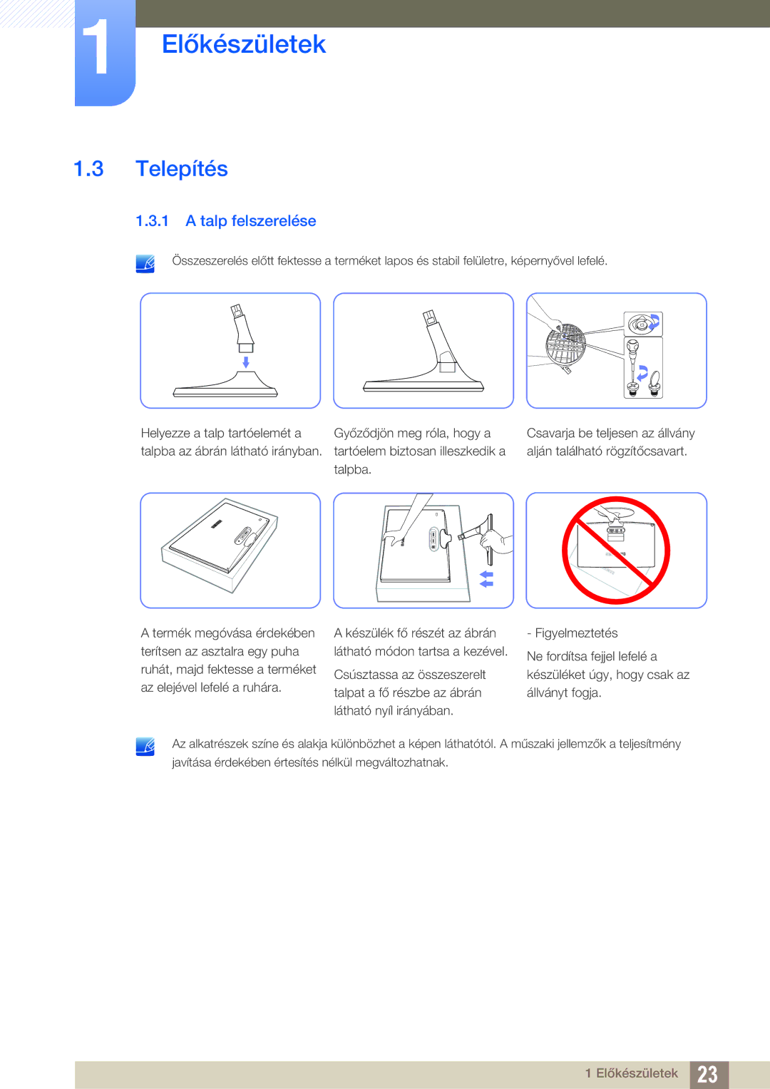 Samsung LS22B350TS/EN, LS24B350TL/EN, LS23B350TS/EN manual Telepítés, Talp felszerelése 