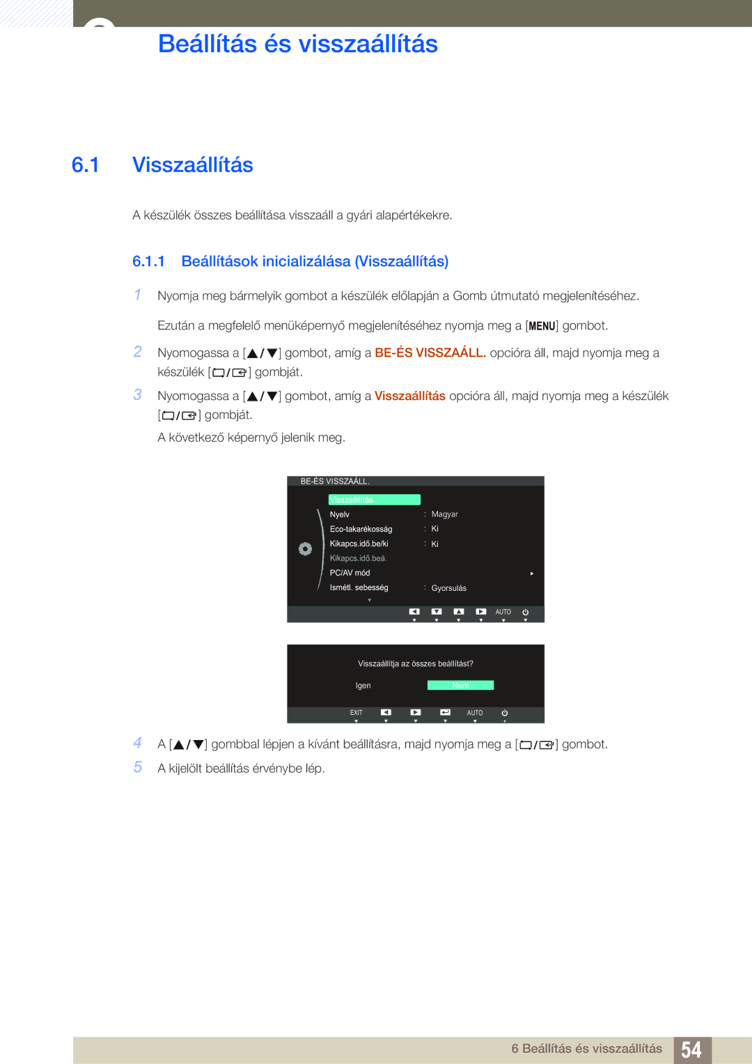 Samsung LS24B350TL/EN, LS23B350TS/EN manual Beállítás és visszaállítás, 1 Beállítások inicializálása Visszaállítás 