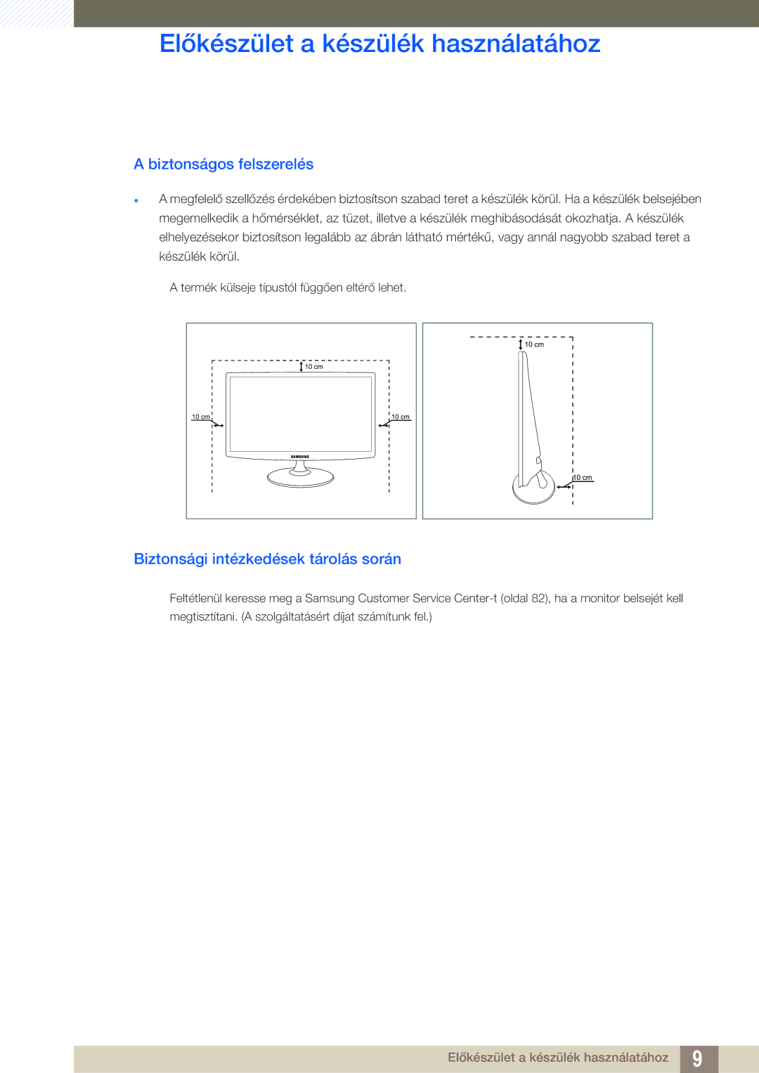 Samsung LS24B350TL/EN, LS23B350TS/EN, LS22B350TS/EN manual Biztonságos felszerelés, Biztonsági intézkedések tárolás során 